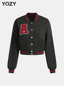 YOZY Women's Letter Patched Drop Shoulder Varsity Jacket, Casual Long Sleeve Button Front Outerwear for Daily Wear, Ladies Clothes for All Seasons