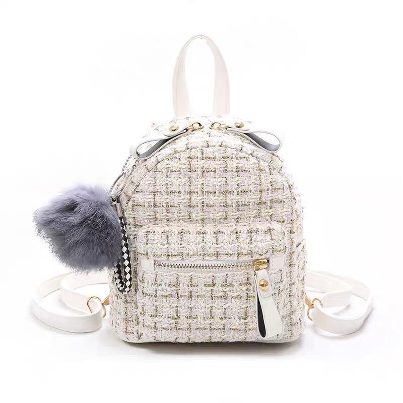 Product Introduction of Balo Mini Nữ Vải Dạ Kim Tuyến Phối Da Kèm Móc Bông V16 Đeo Vai Backpack 3