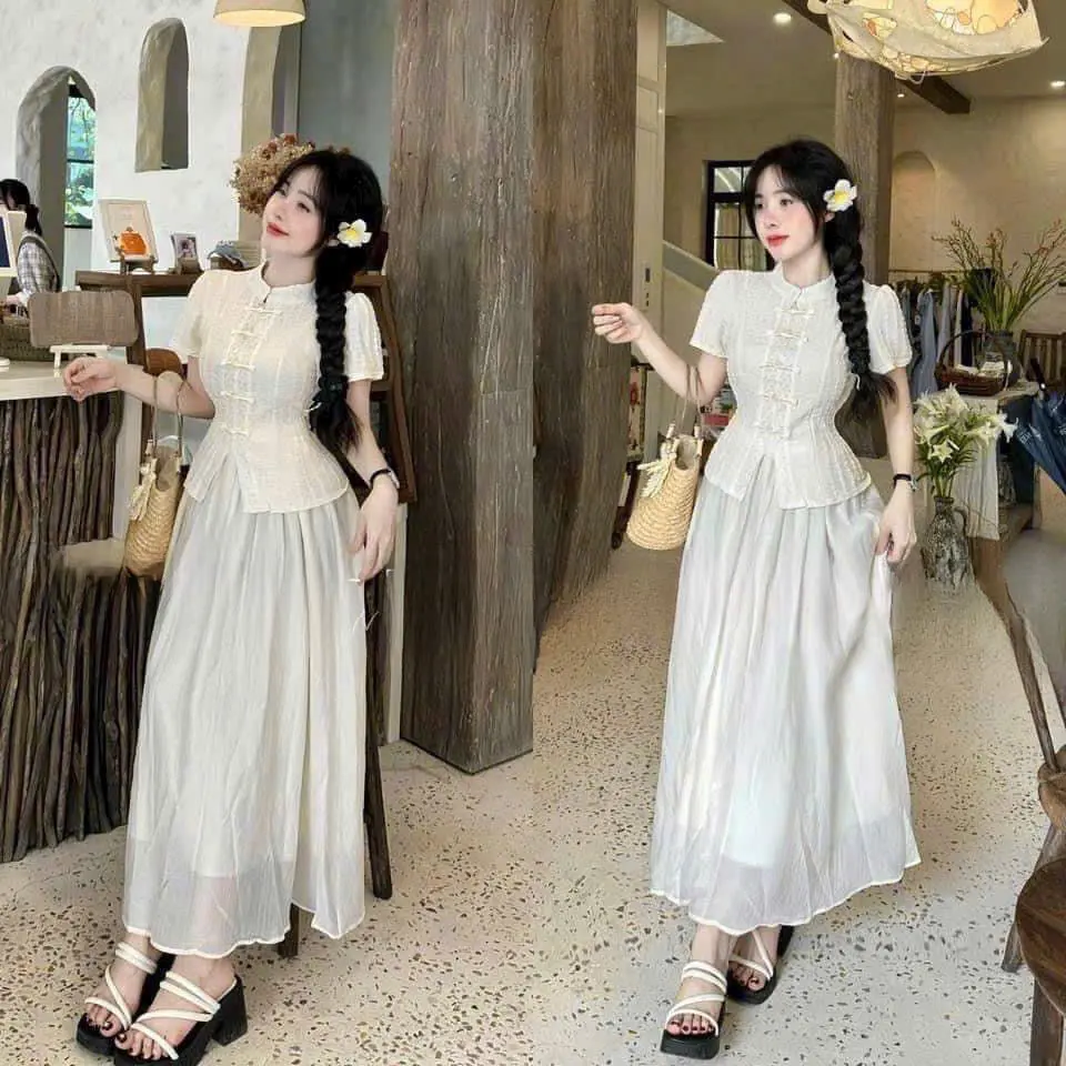 Sét đồ nữ 2 món áo ren cổ tàu đính nút mây kèm chân váy tơ dáng xòe dài thanh lịch duyên dáng