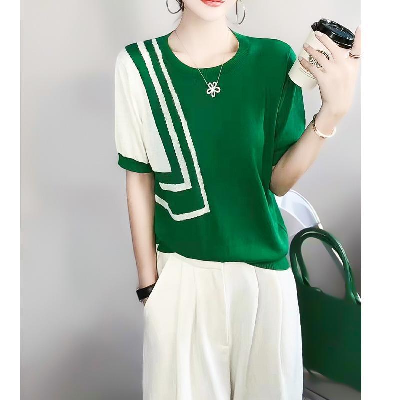 Áo Thun ngắn Tay Chất Liệu Lụa Lạnh Hàng Mới Về Mùa Hè, Dành Cho Nữ, Mỏng Và Không Đều, Có Màu Tương Phản Và Sọc, Cổ Tròn, Dáng Ôm, Áo Len Xếp Ly Top Women 3