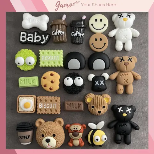 Sticker, Charm 3D chủ đề cafe DIY Gamo nhựa cứng gắn Dép Sục, Cá Sấu JB-80