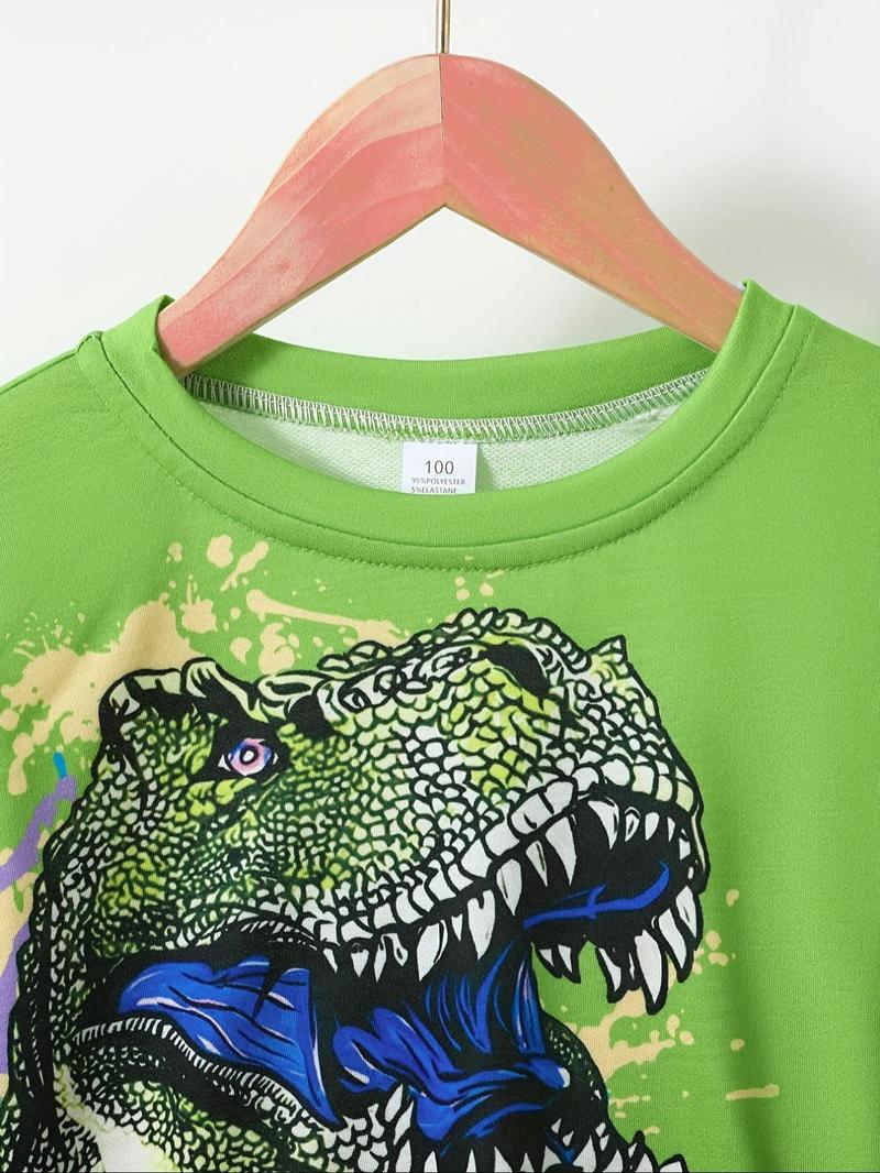 Product Introduction of Two-Piece Set Boy's Dinosaur Print Sweatshirt & Pocket Elastic Waist Sweatpants Set, Casual Long Sleeve Round Neck Pullover & Cargo Pants for Fall & Winter, Kids Clothes for Daily Wear 5