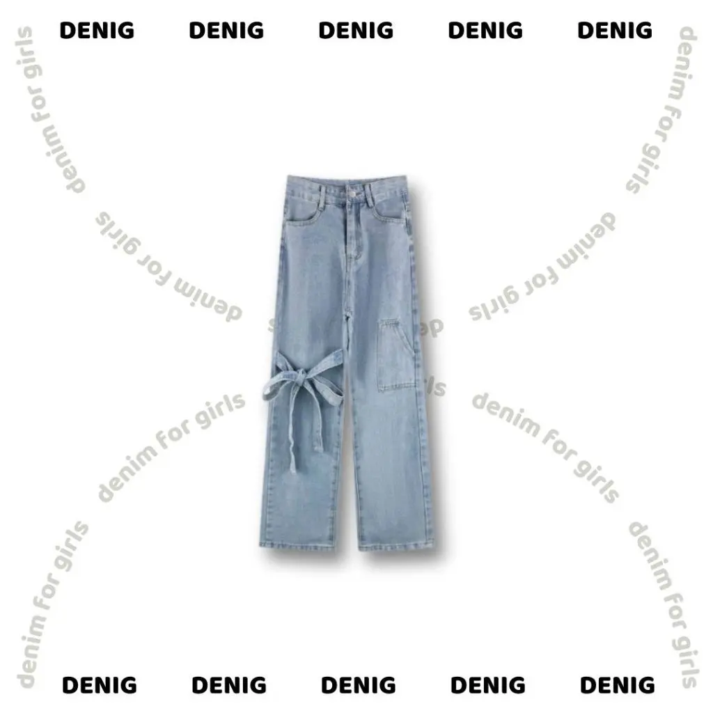 [MUA 2 TẶNG 1 ÁO THUN] Quần bò ống xuông xanh nhạt phối nơ buộc DENIG