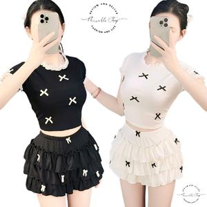Set Outfit Áo Croptop Borip Ôm Body Form Basic Phối Ren Đính Nơ Phối Quần Tầng Len Gân Đính Nơ, Nữ Women Kem
