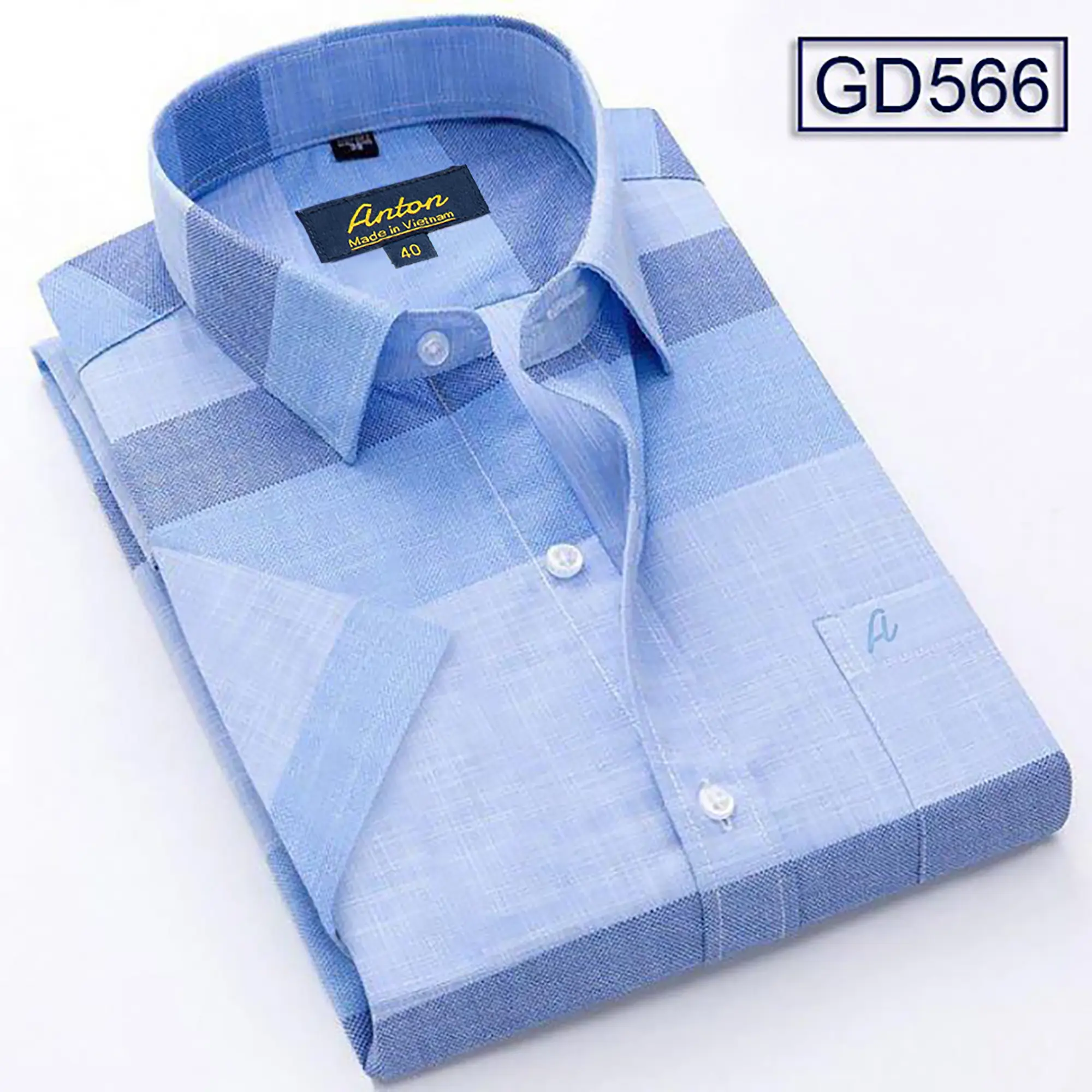 Áo Sơ Mi Nam Công Sở Trung Niên Anton Somianton Xanh Dương Kẻ Caro Ngắn Tay Vải Sợi Tre Menswear Shirt Cổ Tròn - GD566