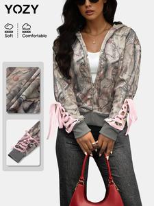 YOZY Women's Leaf Print Pocket Zip Up Hoodie, Casual Drawstring Long Sleeve Hooded Sweatshirt for Fall & Winter, Women's Clothes for Daily Wear