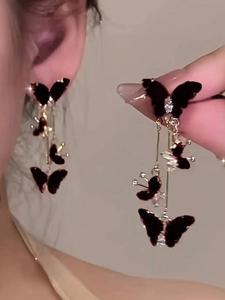 1 Par de Aretes Largos de Mariposa Negros y Elegantes con Borlas, Versátiles para Uso Diario