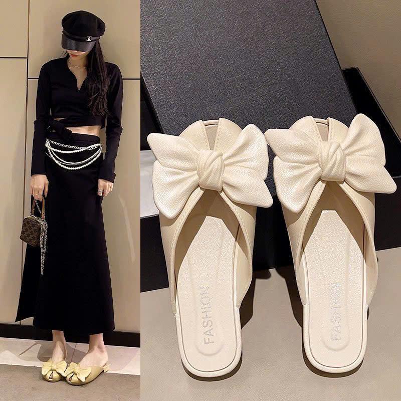  Sục nữ gắn nơ đế bệt sục búp bê mũi hở thời trang chống trơn trượt 