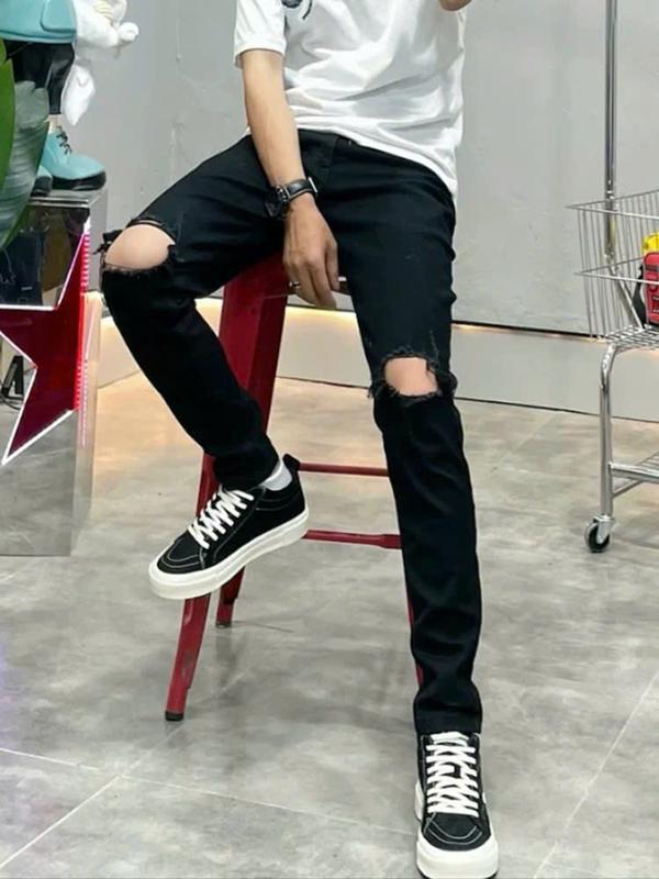 Quần jean nam rách gối to chất bò cotton co dãn màu đen quần vá da mã QJP3V05T Pants Menswear Có Túi