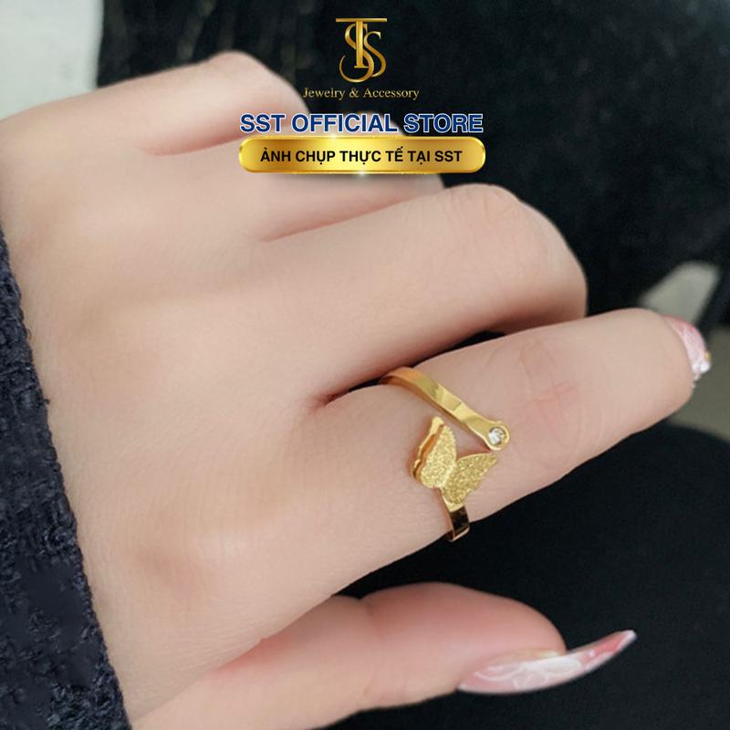 Nhẫn nữ Titan SST Mặt hồ điệp đính đá thanh lịch Không Đen Gỉ N39