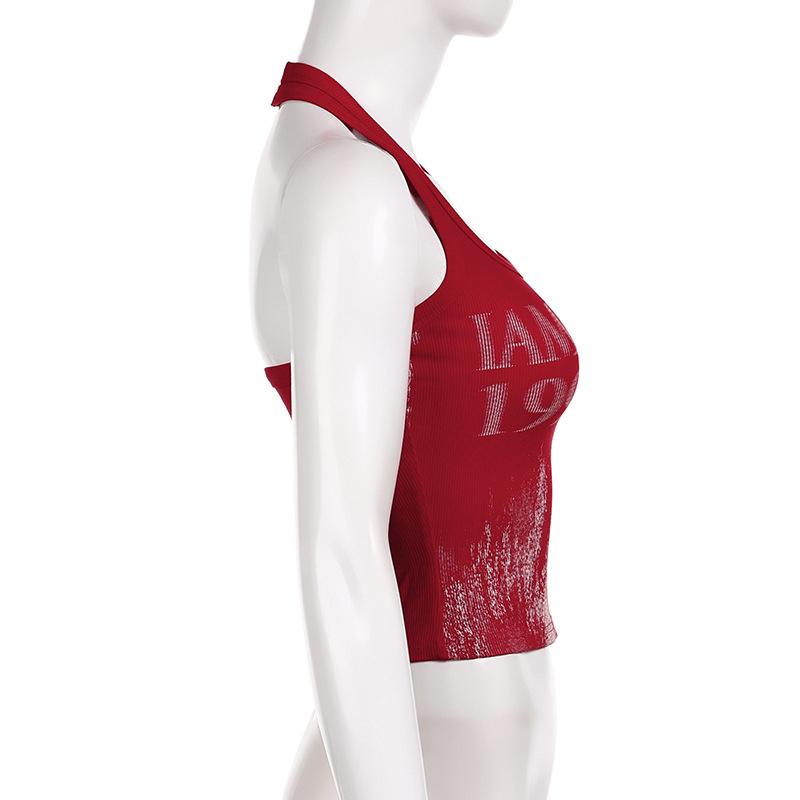 Rompi Leher Gantung Wanita Vintage Motif Huruf Slim Fit Backless 4 Warna