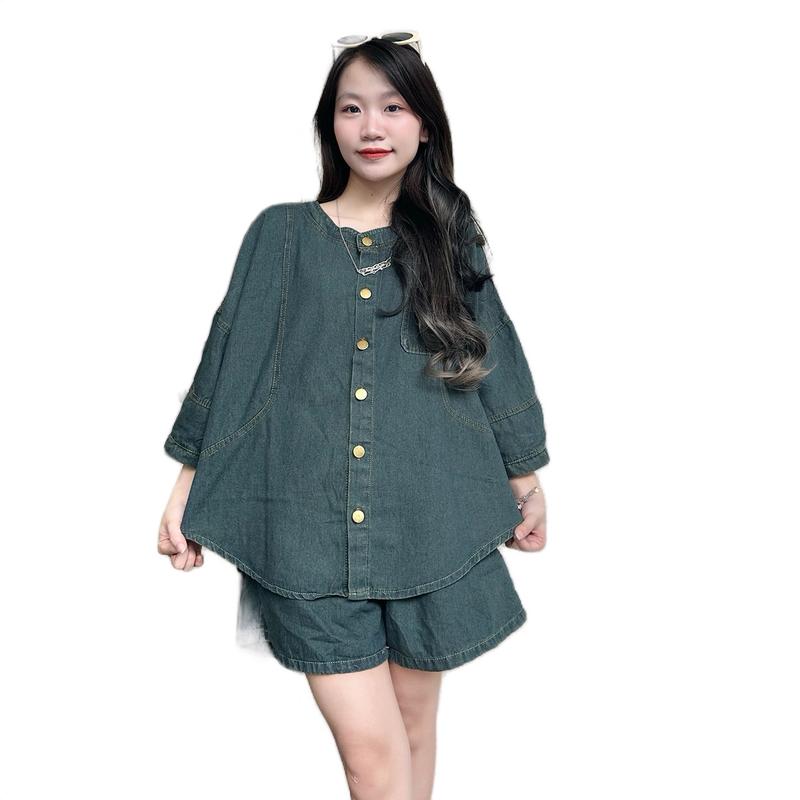 Bộ Jeans Nữ Áo Cổ Tròn Tay Bồng Một Túi+ Quần Sooc Xưởng May Mỹ Nhung - size 40-85kg Women Pants Top Jacket Kem