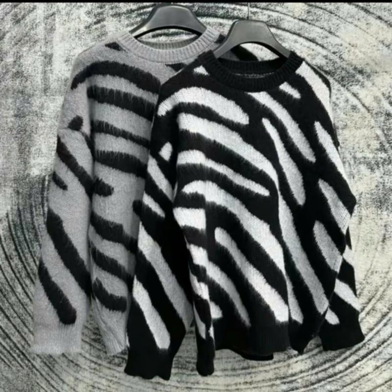  Áo len unisex nam nữ ngựa vằn áo len cổ tròn form rộng hot 2025 Menswear Kem Dài Tay áo  sweater áo  len áo  len áo  len áo  lông 