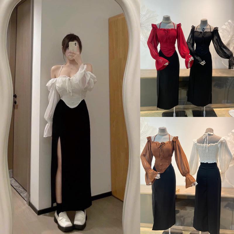 Sét bộ áo croptop trễ vai kèm chân váy dáng dài xẻ tà hack eo Sét bộ trễ vai Bigsize Kim Ngân từ 50kg đến 100kg SBTH31