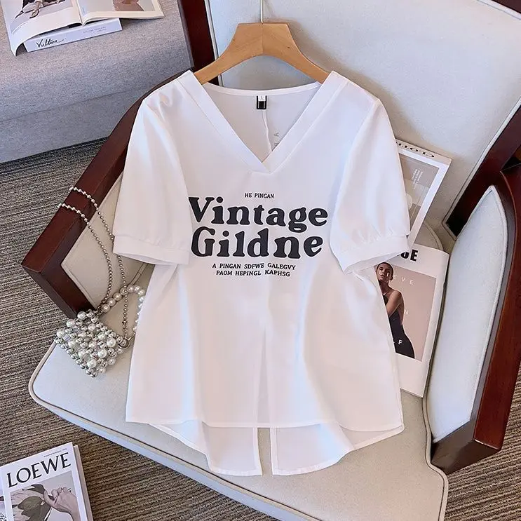 Dopamine Back Slit Short-Sleeved T-shirt for Women Summer 2023 New Korean Style Loose Slimming Large Size V-neck Top for Women Fashion Lingerie Lady Streetwear Short Sleeve Vneck Womenswear Blouses Comfort Casual Fitted Longsleeve