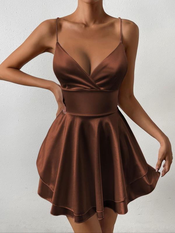 Women's Lace Up Backless Tiered Layer Ruffle Trim Cami Dress, Elegant Solid Wrap Sleeveless A Line Short Dress for Party Club Dating Wear, Ladies Summer Clothes Formal Womenswear 2