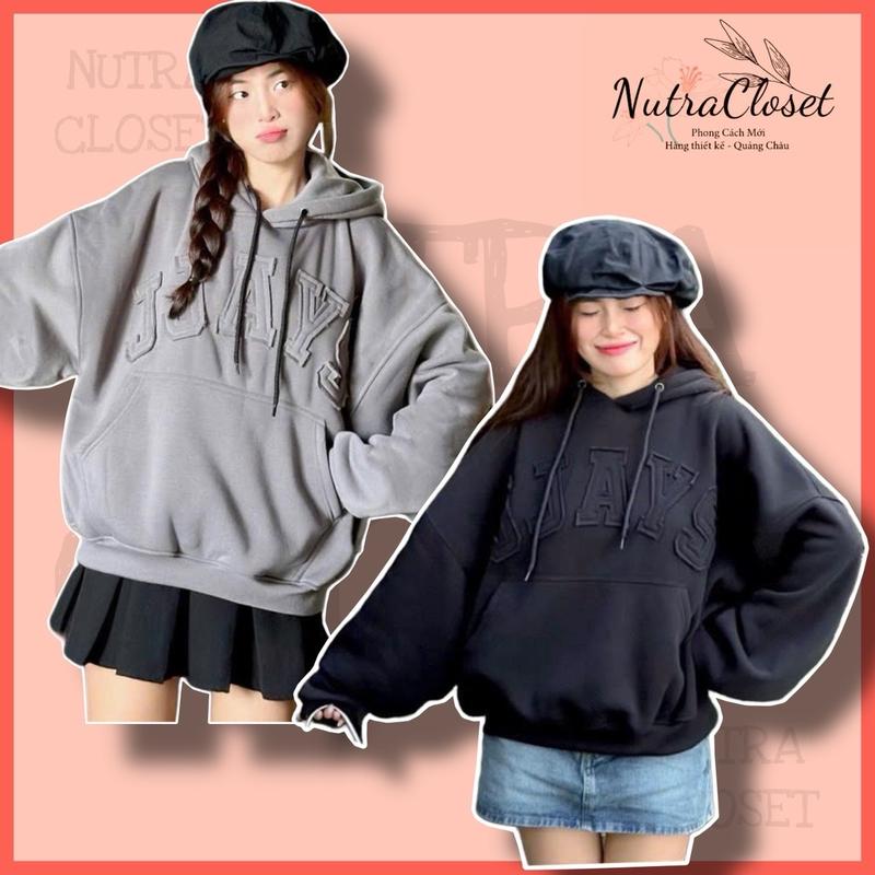 Áo khoác hoodie chui đầu thêu chữ nổi JJAYS form BOXY nỉ bông unisex nam nữ tay phồng Có Túi 0