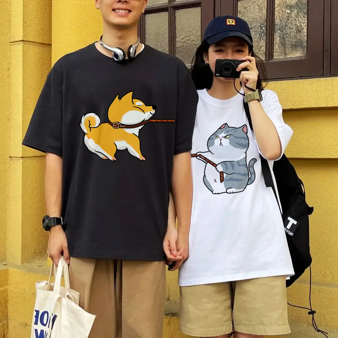 Áo thun đôi nam nữ Orans Couple 07 chó mèo kéo xích
