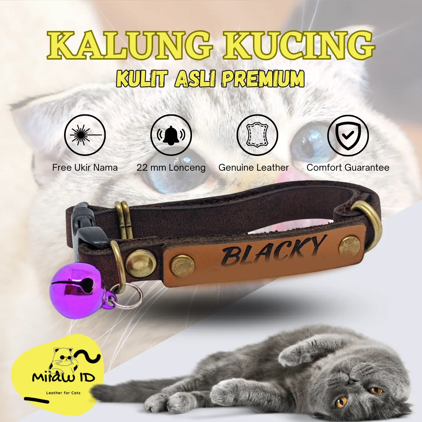 Miiaw ID Kalung Kucing Premium Kulit Asli Tag Free Custom Nama