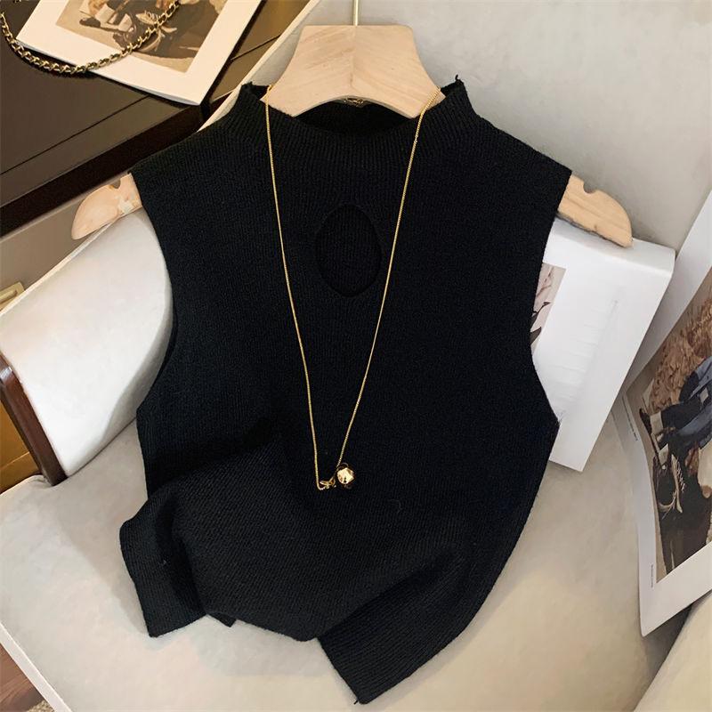 Product Introduction of Sexy spice girl niche hollow knit vest female bottoming shirt 2024 summer new solid color elastic short sleeveless top 1