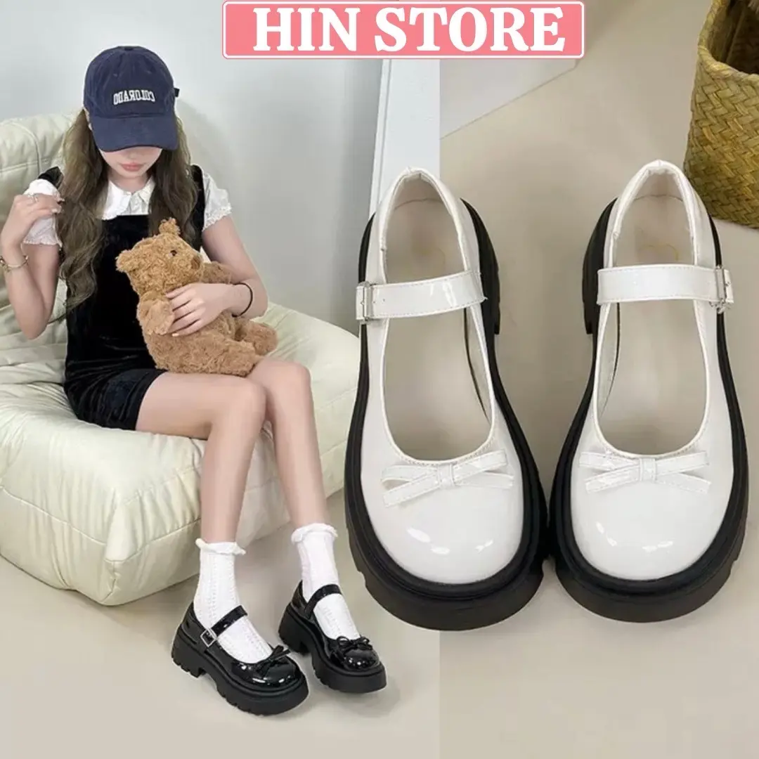 Giày búp bê nữ đế cao 6cm da mềm đính nơ phong cách Hàn Quốc, giày Lolita nữ đi chơi, đi học hottrend 2024 MS18