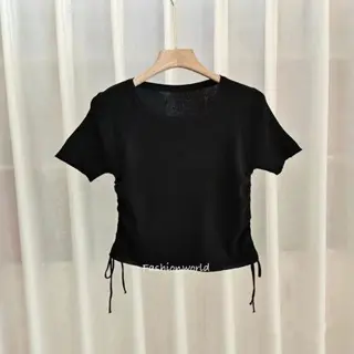Atasan Crop Oneck Rajut / Korean Kaos Serut Oneck / T-Shirt Atasan Wanita Lengan Pendek Samping Kerut Tali Serut Terbaru 4