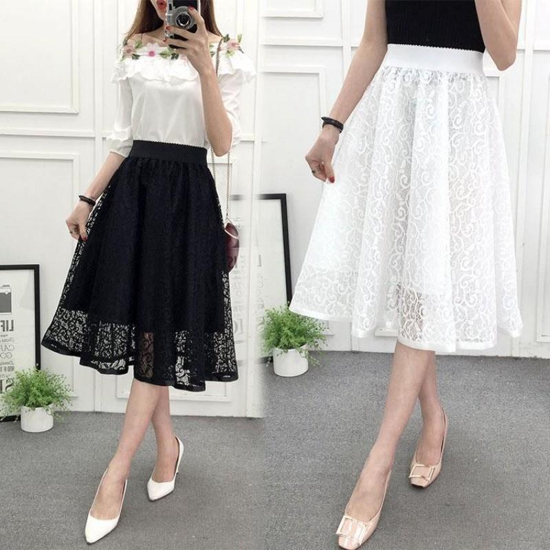  Chân Váy Ren Nữ Ngoại Cỡ S-3XL Ống Loe Xếp Ly Eo Co Giãn Cao Dài Đến Đầu Gối Chiều Dài Midi Thích Hợp Cho Mùa Xuân Mùa Hè Và Mùa Thu Trang Phục Công Sở Thanh Lịch Thường Ngày Màu Đen Và Trắng 