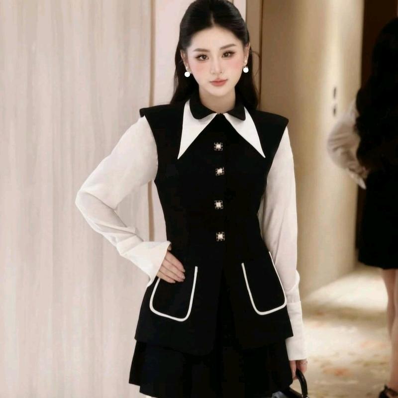 Áo Peplum by Sorella Closet Thiết Kế Cổ Kép Nhọn Phối Sơ Mi Dài Tay, Phong Cách Công Sở, Áo Mặc Đi Làm, Đi Chơi