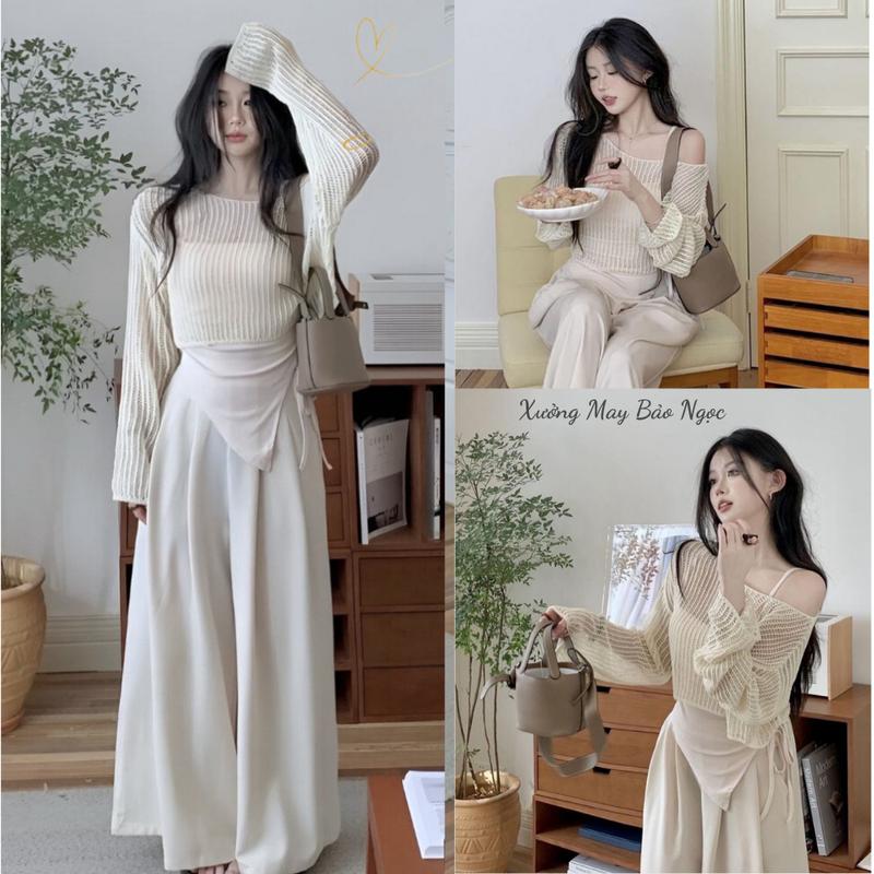 Set Đồ Nữ 3 Món Áo 2 Dây Lệch Vai Mix Áo Khoác Ren Lưới Với Quần Ống Rộng Phong Cách Nhẹ Nhàng Nữ Tính Top