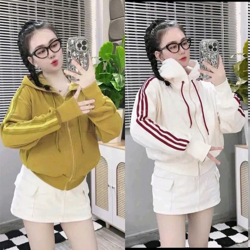 ÁO KHOÁC NỈ VIỀN TAY 3 MÀU CÓ NÓN FORM LỬNG DÂY KÉO CAO CÓ TÚI TRONG CHO NỮ Hoodie Top Women