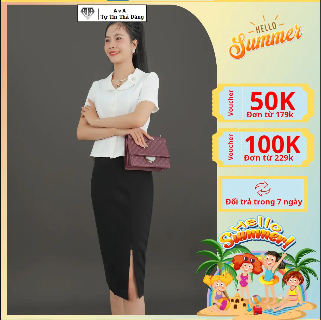 Áo Sơ Mi Nữ Ngắn Tay AvA FASHION Thiết Kế Tay Bồng Đính Hoa Vạt Cổ Điệu Đà Chất Vải Nhập Cao Cấp Không Nhăn KG005_23