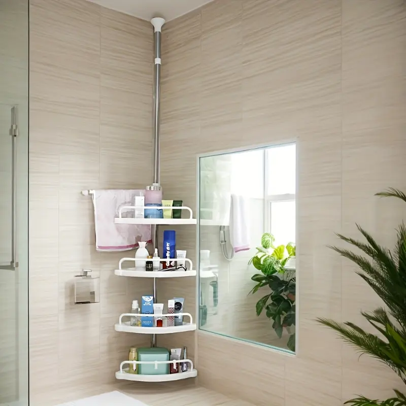 Expandable Corner Bathroom Shelf with 4 Layers, Adjustable Tray and Rotating Towel Bar, Easy Installation without Drilling Holes, Modern White Plastic Wall-mounted Storage Rack for Bath Essentials, Bathroom Accessories and Storage 4