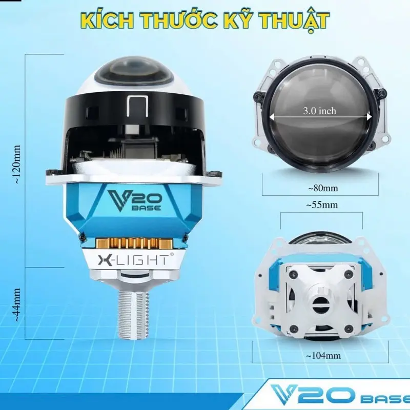 Đèn Bi Led X-LIGHT V20BASE - Mắt quỷ RGB đa sắc  - Thoát sáng dưới - Tâm vàng đậm,bám đường - Tản nhiệt 2 lớp - Body Ngắn gọn - Lens trong suốt như bi Zin - Body Nhôm nguyên khối - CNC tinh xảo (M02)