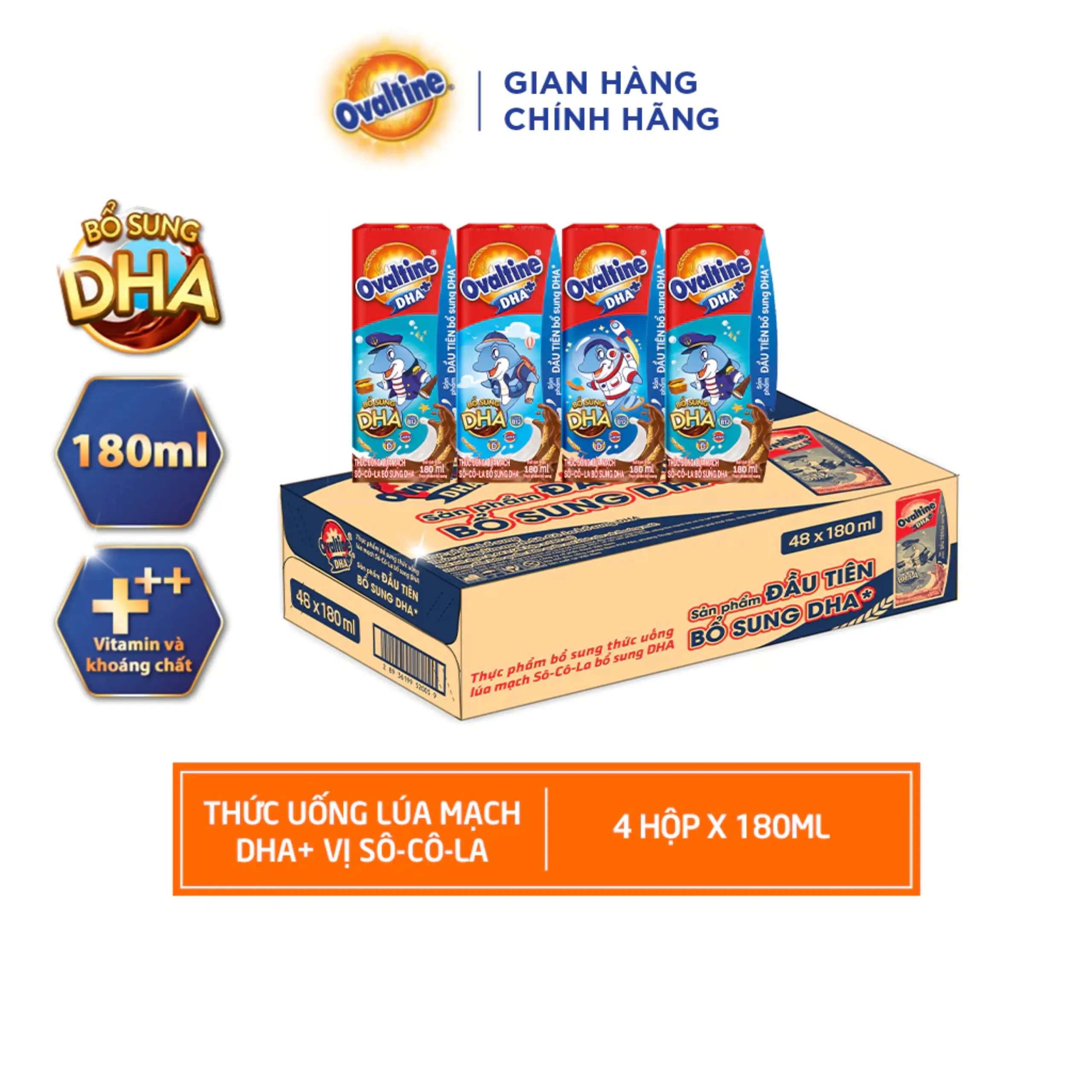 Thùng 48 hộp Thức uống lúa mạch hương vị sô-cô-la Ovaltine DHA+ (180ml x 48)