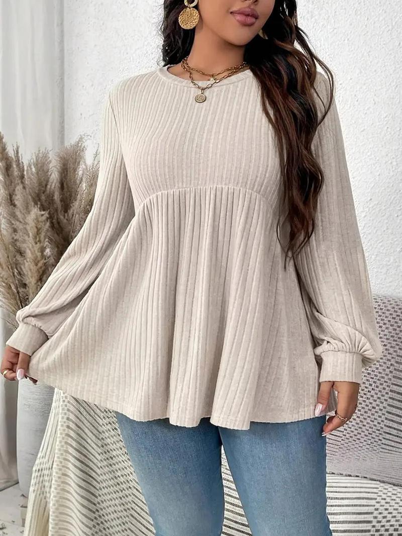 Product Introduction of 【Plus Size】Solid Color Ribbed T-shirts, Casual Long Sleeve Round Neck Top for Daily Wear, Women's Plus Clothing for All Seasons 3
