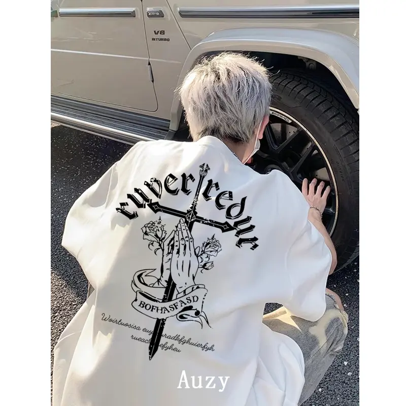retro Amerika salib hiphop kaos pria wanita T-shirt baju oversize t shirt distro Combed Cowok Fit High Panjang Unisex Sablon Keren Polos Streetwear