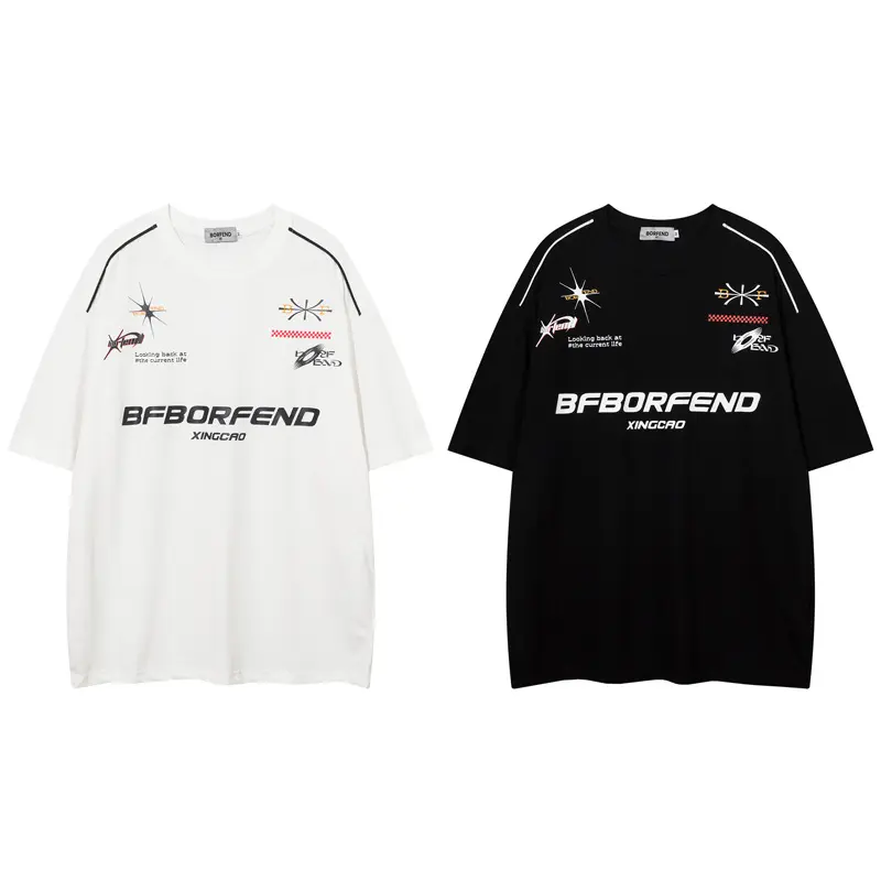 Summer New Racing Style Men's Wear Black Short-sleeved American Retro Women's Wear White T-shirt street  asual Loose Couple Trend Half-sleeve Top Fashion Printing Letter Comfortable Basketball Sportswear.