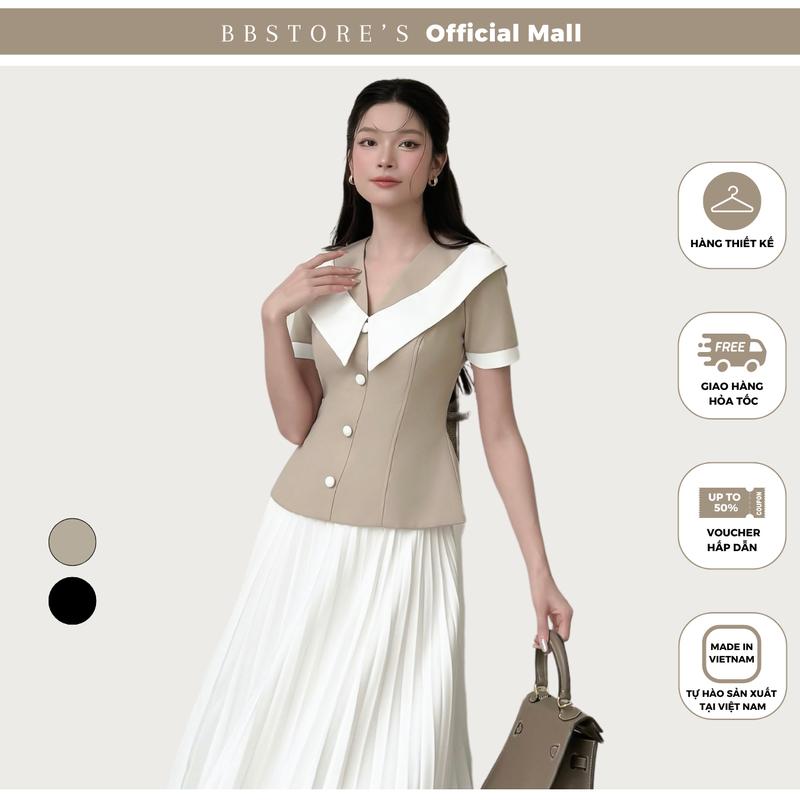 Áo Kiểu Nữ Dự Tiệc Dáng Peplum Cổ V Phối Vạt Cổ Trắng Tay Ngắn Chất Cotton Tuyết BBSTORE'S  - A4107A