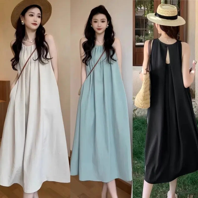 Váy 2 dây váy yếm trễ vai đi biển Đầm hai dây dài bigsize nữ Váy liền váy dài rộng kiểu Pháp mẫu mới 2024 mùa hè cho nữ