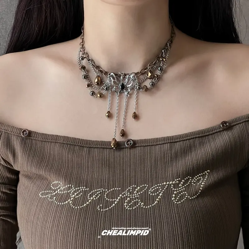 Vòng Cổ Tua Rua Nhiều Lớp, Phong Cách Baroque, Thiết Kế Đặc Biệt Cô Gái Nóng Bỏng Mỹ, Phong Cách Cổ Điển Vòng Cổ Cao Cấp, Dành Cho Nữ, Với Mặt Dây Chuyền Hổ Phách Bướm 0