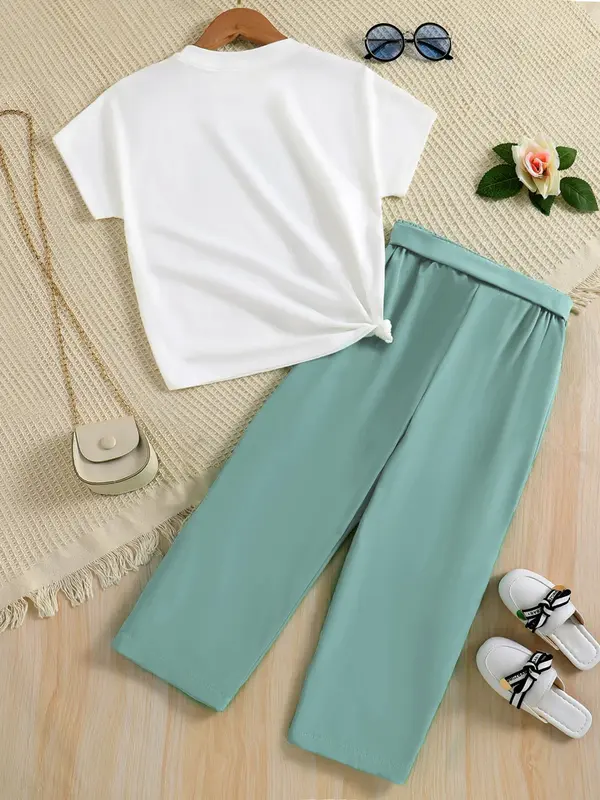 Two-piece Set Girl's Figure Letter Print Tee Top & Belted Straight Leg Pants Set, Round Neck Short Sleeve T-shirt & Elastic Waist Trousers for Daily Wear, Kid's Summer Clothes 3