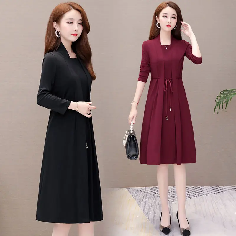 Váy Dài Tay Giả Hai Mảnh Cho Nữ, Trang Phục Cho Mẹ Trung Niên, Dài Trung Bình, Ngoại Cỡ, Mùa Xuân Và Mùa Thu, Mới 0