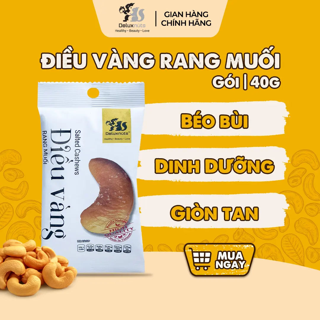 Hạt Điều Vàng Rang Muối Dinh Dưỡng Deluxnuts Snack Ăn Vặt (Gói 40g)