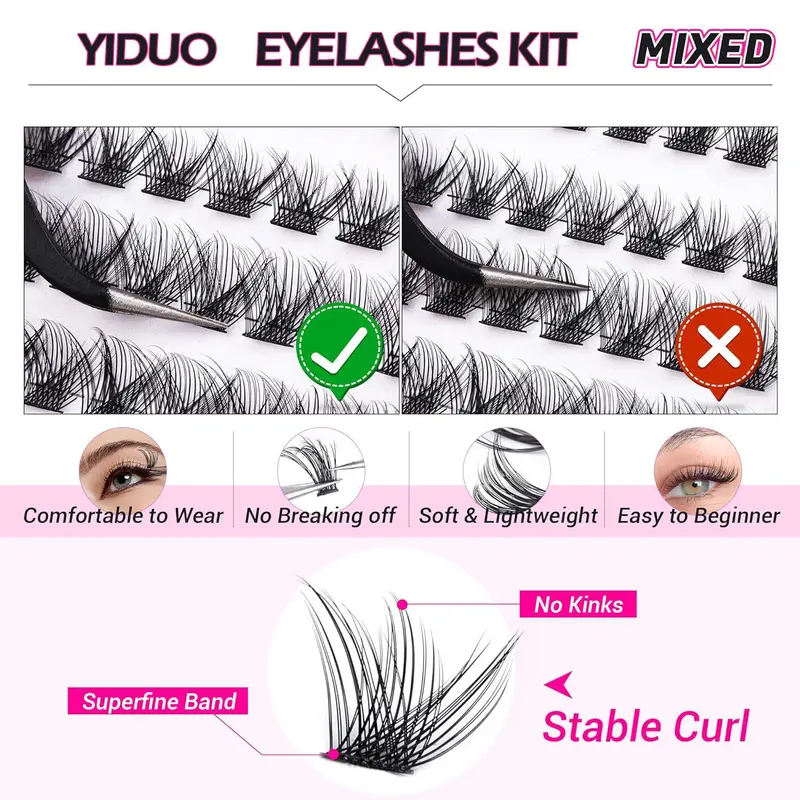 Individual False Eyelashes with Lash Bond and Seal and Lash Applicator Tool, Natural Look DIY Lash Extension Kit, Natural Curling Cluster Lashes for Eye Makeup, Summer Makeup, Valentine's Day Gift for Women, Cluster Lashes Kit 8
