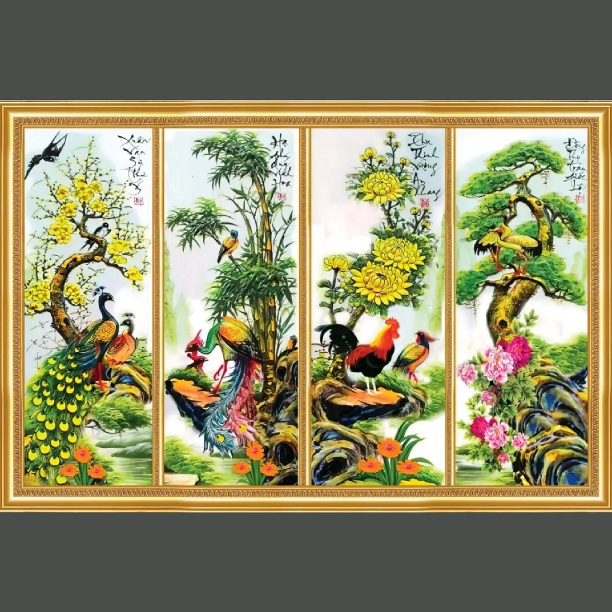 TRANH DÁN TƯỜNG tứ quý tùng cúc trúc mai in trên vải lụa có thể đóng khung treo (shop sẽ gửi kèm keo dán)