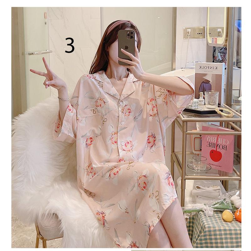 ️ Váy Sơ Mi Nữ Dài ️-  Váy ngủ nữ, đồ mặc nhà dài tay lỡ phong cách Hàn Quốc B68 3