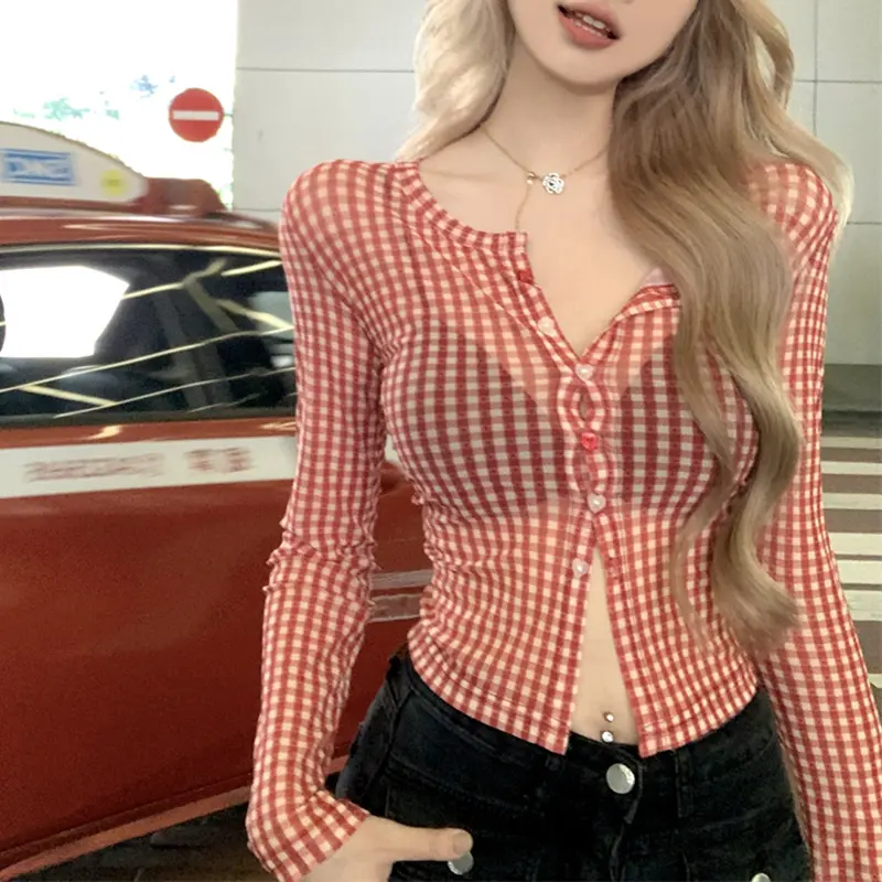 Women's Button Down Mesh Tops Long Sleeve Round Neck Plaid PrintFit Shirts Shrug Blouses