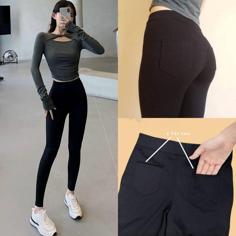 Quần Legging Đen Nữ Ôm Body Lưng Cạp Cao Chất Cotton Co Giãn 4 Chiều Thoáng Mát Tôn Dáng Tập Thể Thao