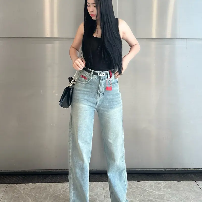 Quần Jean Nữ Suông Trơn Thêu Màu Bụi VM3839 - Chất Jean Vải QC Mềm (S-2XL) | BigBuy360 - bigbuy360.vn