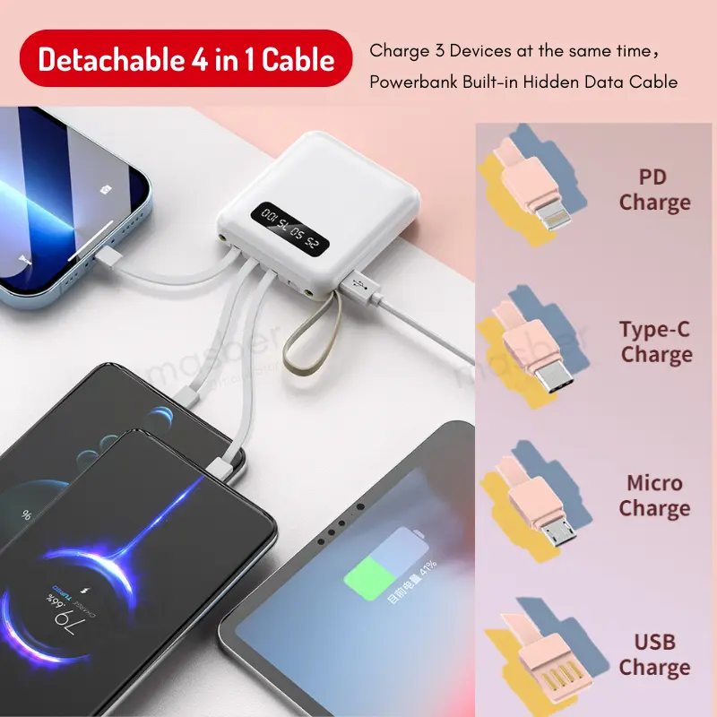PIN DỰ PHÒNG 20000mAh - SẠC 3 ĐIỆN THOẠI CÙNG LÚC, ĐẦY PIN CHỈ 1 TIẾNG! 🔋⚡Powerbank, masber, 20000mah, với 4 Cáp, Cỡ Nhỏ (kích thước nhỏ), Mini (Type C hoặc Micro hoặc IP), Pawer Bank, Chính Hãng, Màn Hình Kỹ Thuật Số 3
